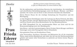 Traueranzeige Frieda Ederer