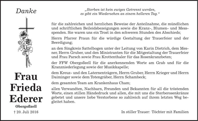 Traueranzeige Frieda Ederer