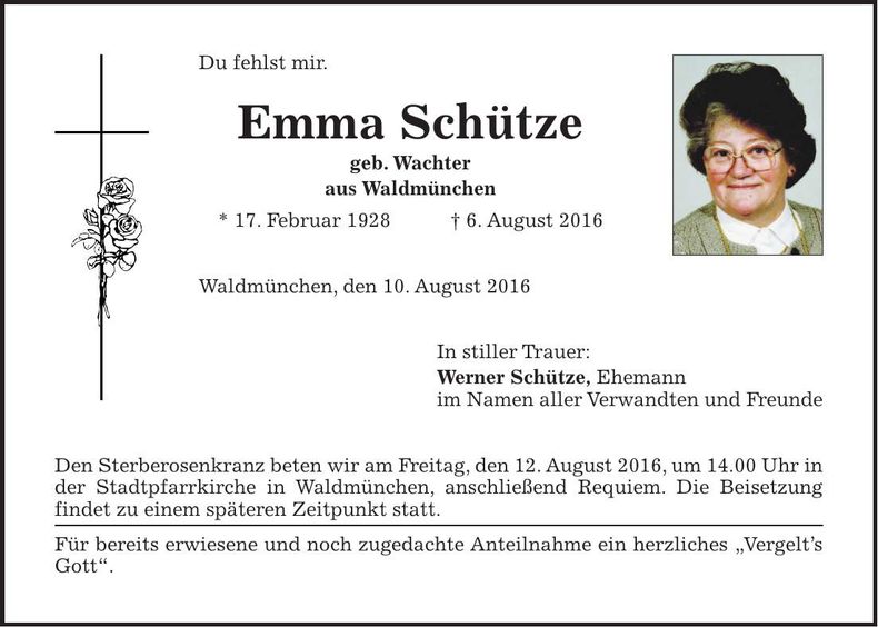 Traueranzeige Emma Schütze
