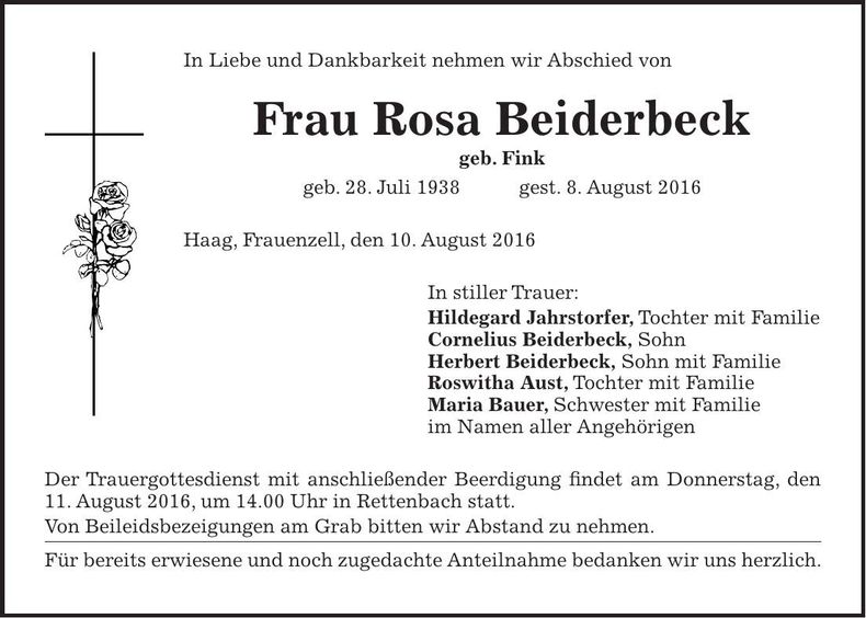 Traueranzeige Rosa Beiderbeck