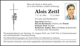 Traueranzeige Aloid Zettl