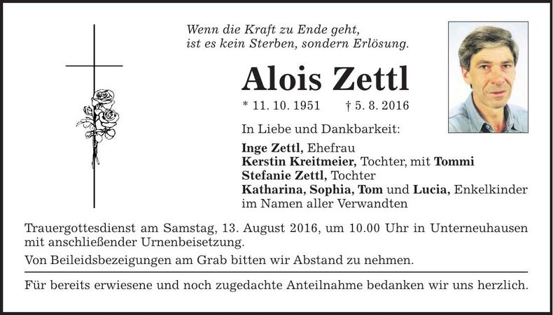 Traueranzeige Aloid Zettl