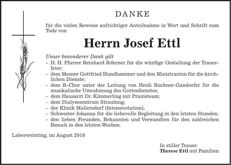 Traueranzeige Josef Ettl