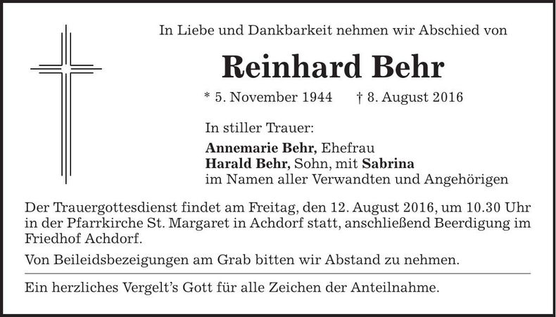 Traueranzeige Reinhard Behr