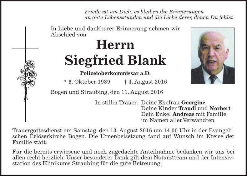 Traueranzeige Siegfried Blank