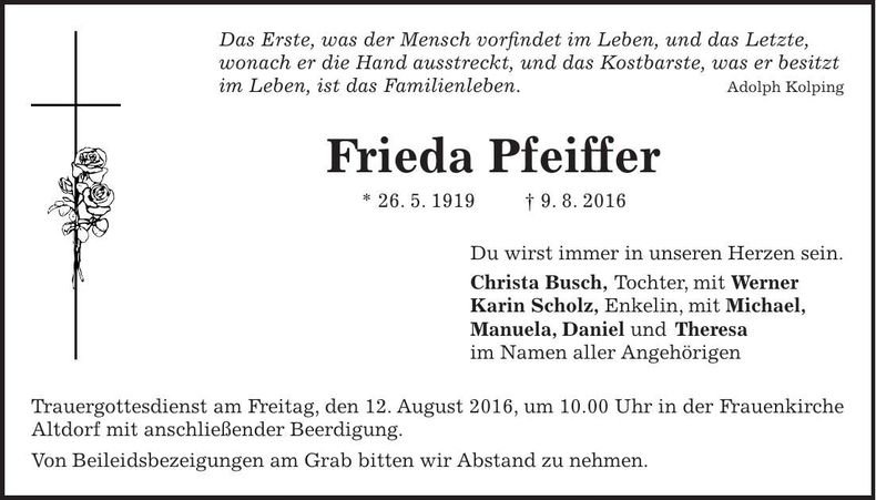 Traueranzeige Frieda Pfeiffer