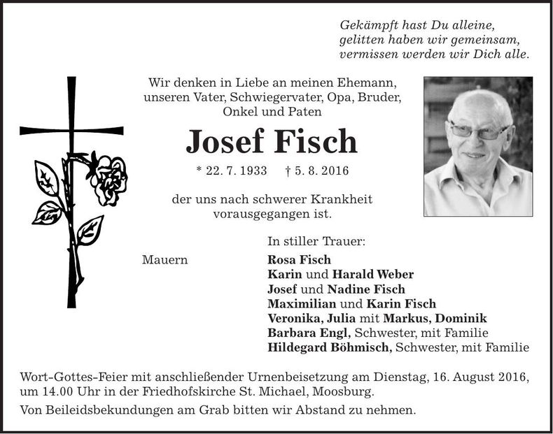 Traueranzeige Josef Fisch