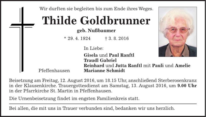 Traueranzeige Thilde Goldbrunner