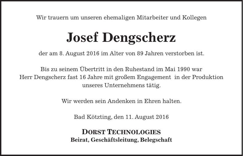 Traueranzeige Josef Dengscherz