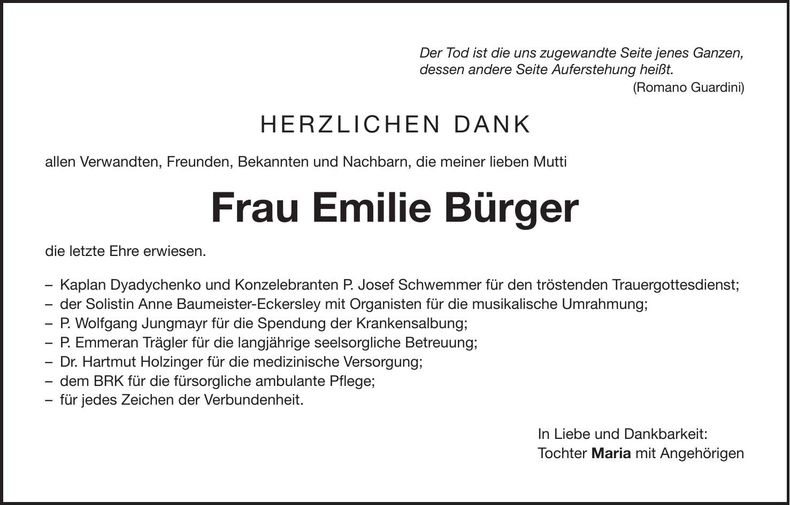 Traueranzeige Emilie Bürger