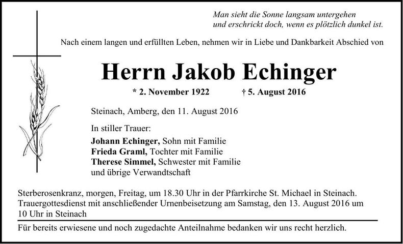 Traueranzeige Jakob Echinger