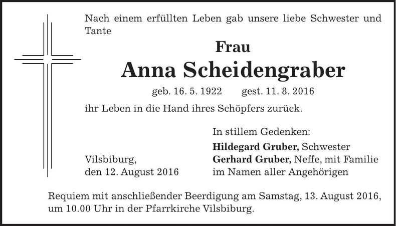 Traueranzeige Anna Scheidengraber