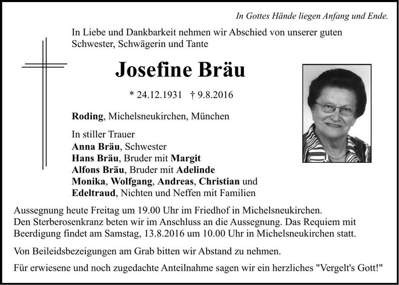Traueranzeige Josephine Bräu