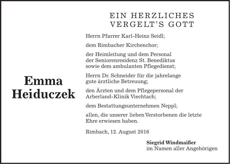 Traueranzeige Emma Heiduczek