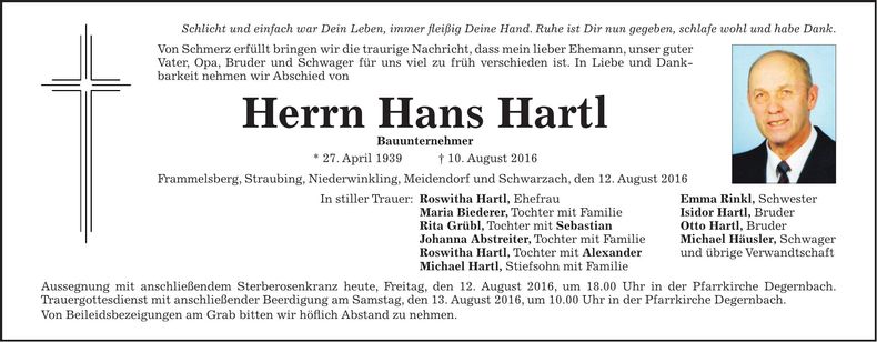 Traueranzeige Hans Hartl