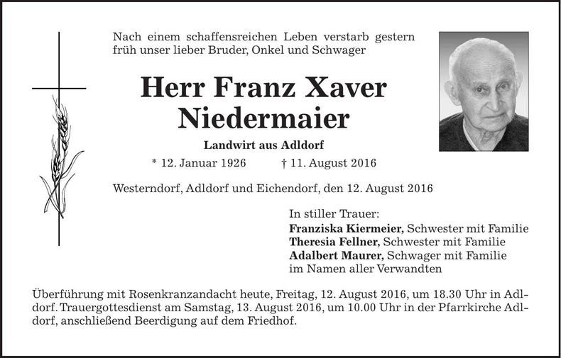 Traueranzeige Franz Xaver Niedermaier