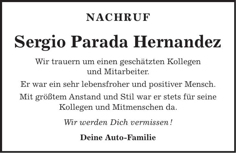 Traueranzeige Sergio Parada Hernandes