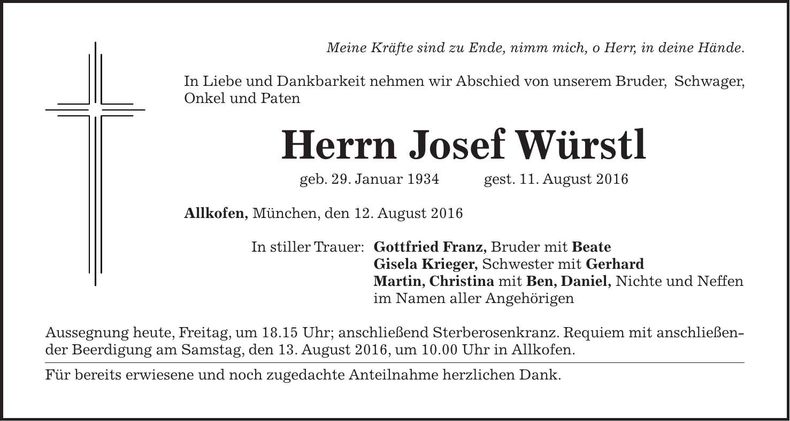 Traueranzeige Josef Würstl