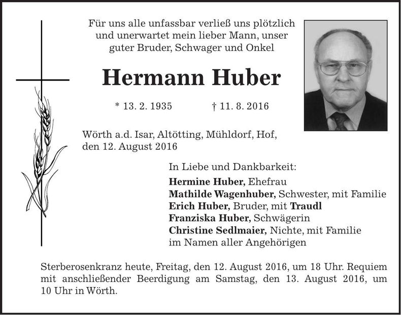 Traueranzeige Hermann Huber