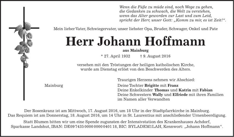 Traueranzeige Johann Hoffmann