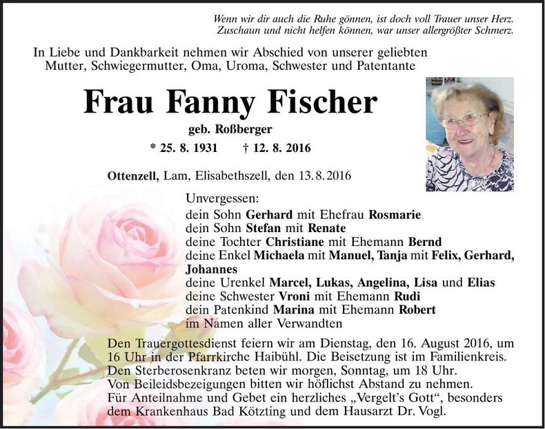 Traueranzeige Fanny Fischer