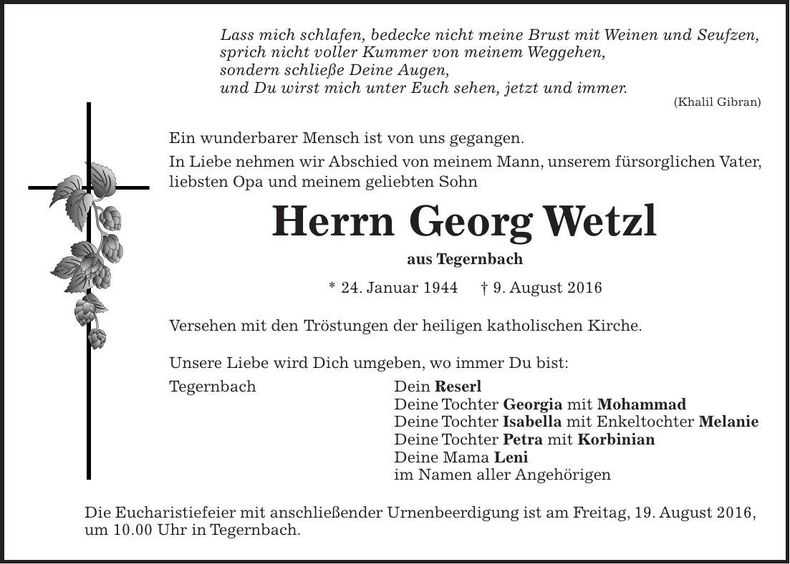 Traueranzeige Georg Wetzl