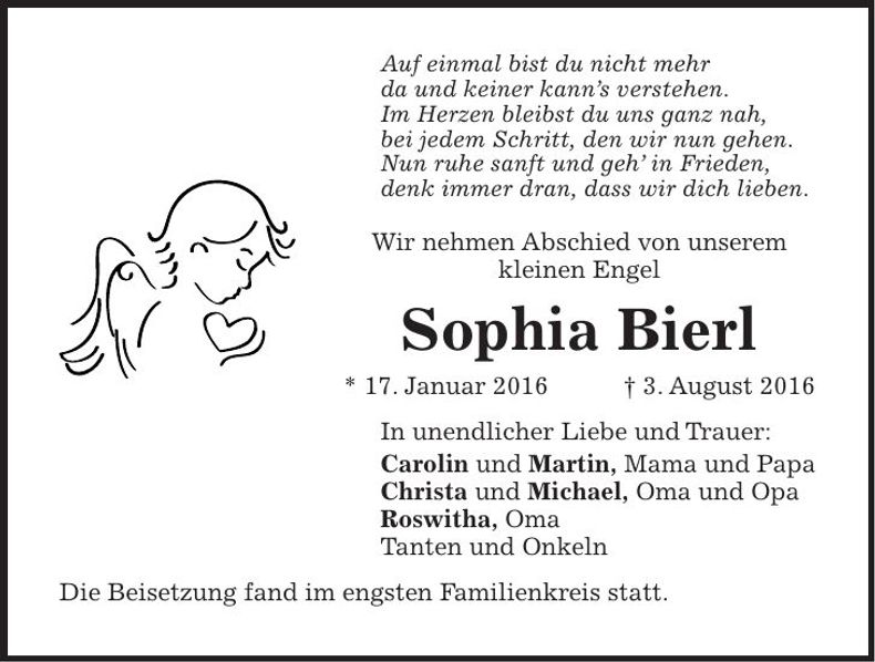 Traueranzeige Sophia Bierl