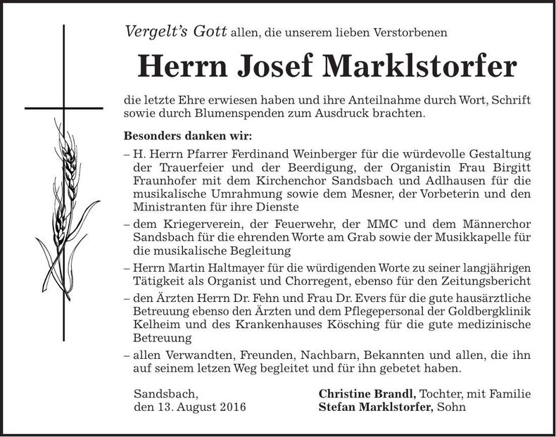 Traueranzeige Josef Marklstorfer