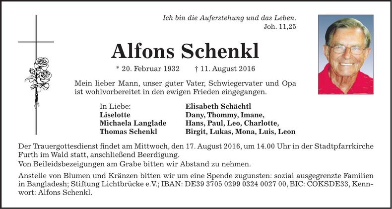 Traueranzeige Alfons Schenkl