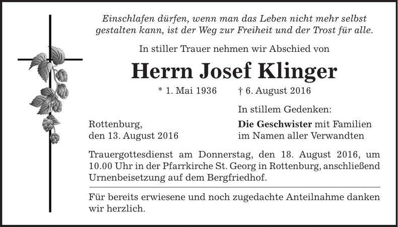 Traueranzeige Josef Klinger