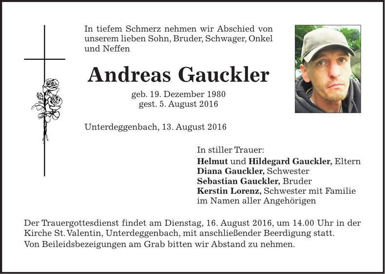 Traueranzeige Andreas Gauckler