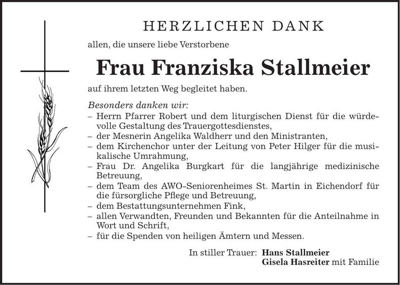 Traueranzeige Franziska Stallmeier