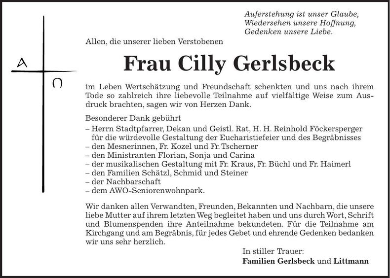 Traueranzeige Cilly Gerlsbeck
