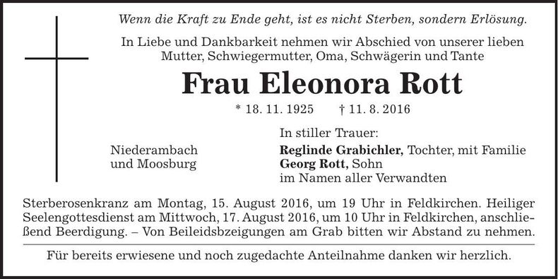 Traueranzeige Eleonora Rott
