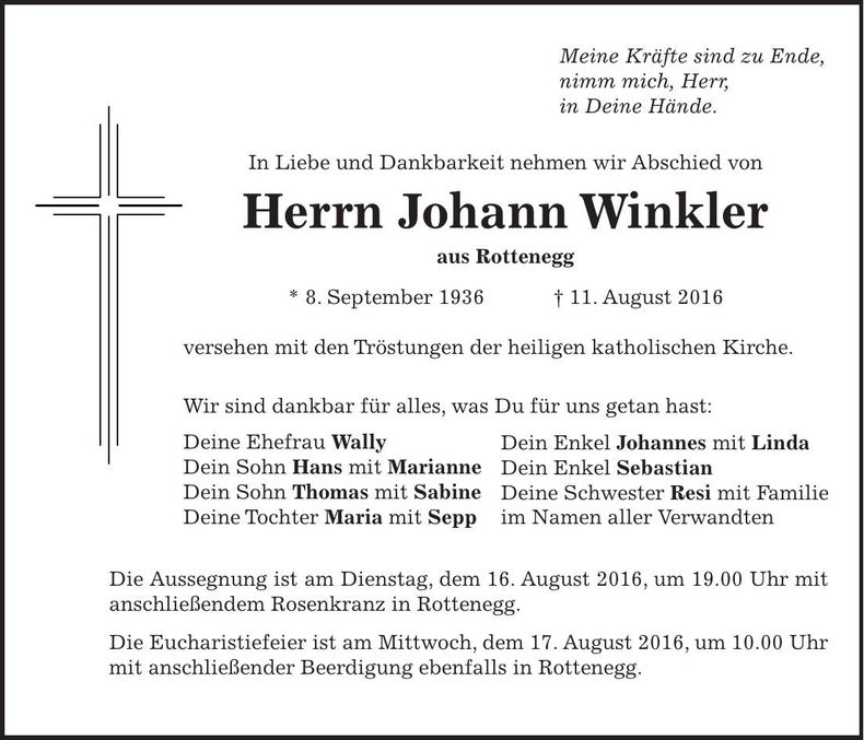 Traueranzeige Johann Winkler
