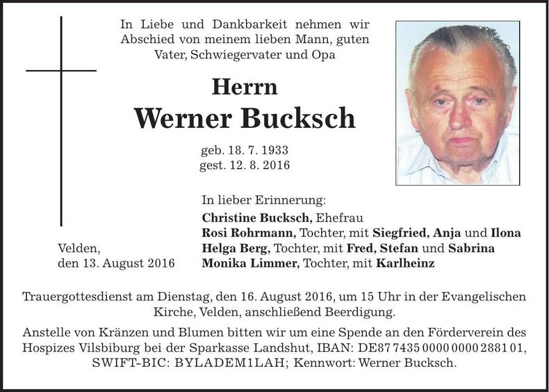 Traueranzeige Werner Bucksch