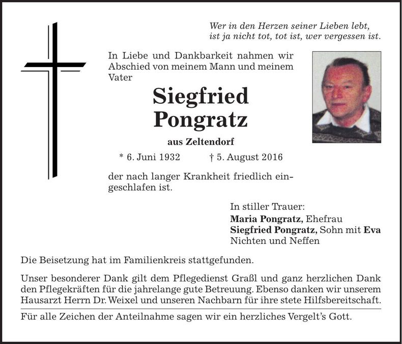 Traueranzeige Siegfried Pongratz