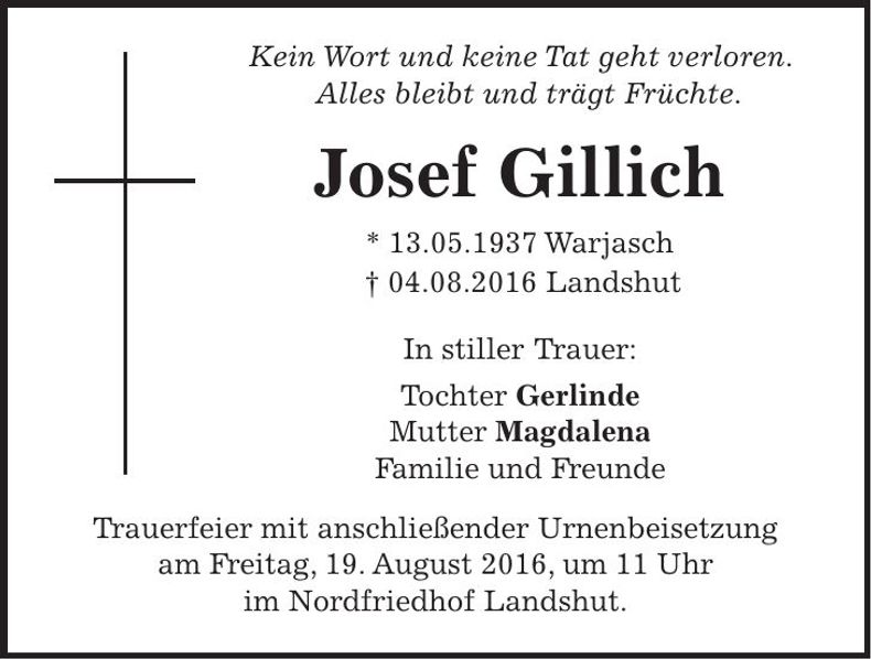 Traueranzeige Josef Gillich