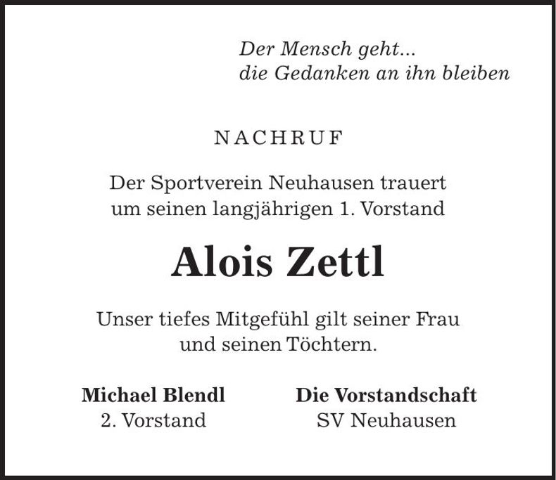 Traueranzeige Alois Zettl