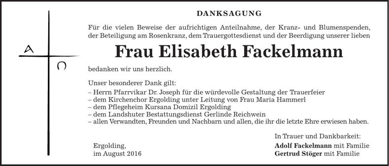 Traueranzeige Elisabeth Fackelmann