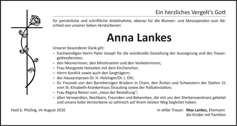 Traueranzeige Anna Lankes