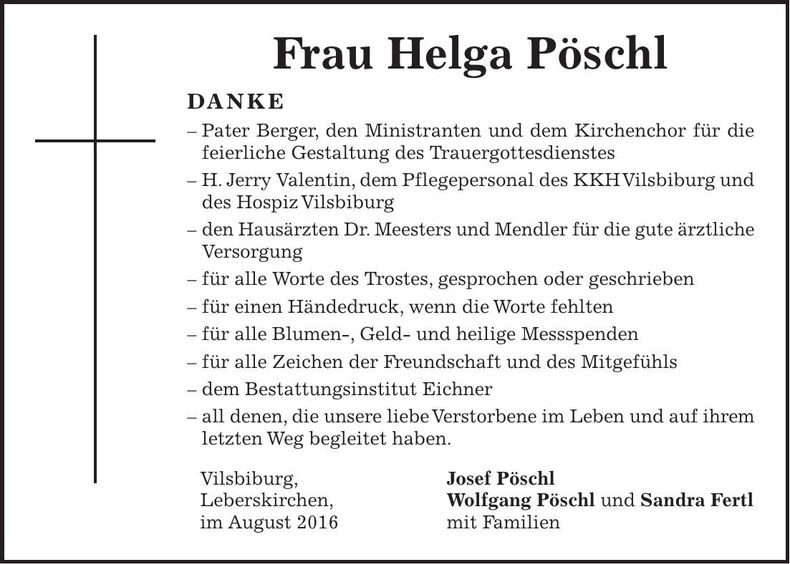 Traueranzeige Helga Pöschl