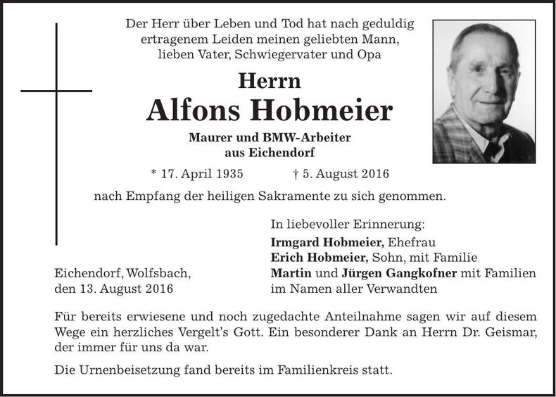 Traueranzeige Alfons Hobmeier