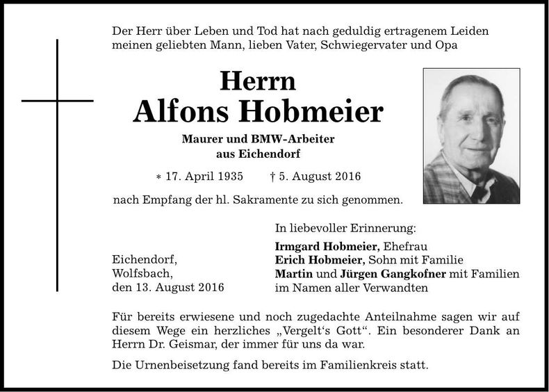Traueranzeige Alfons Hobmeier