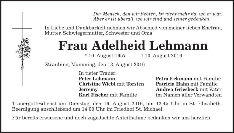 Traueranzeige Adelheid Lehmann