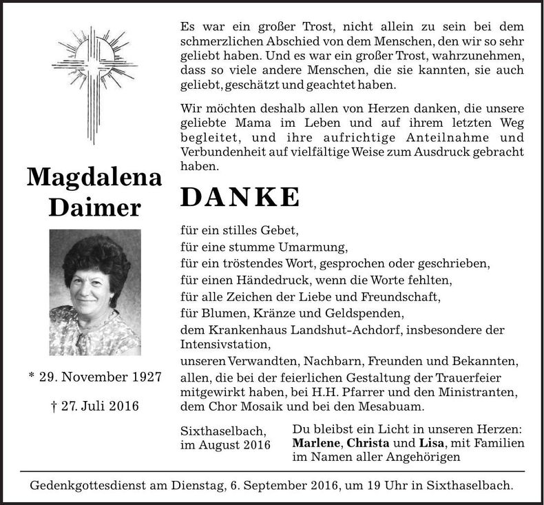 Traueranzeige Magdalena Daimer