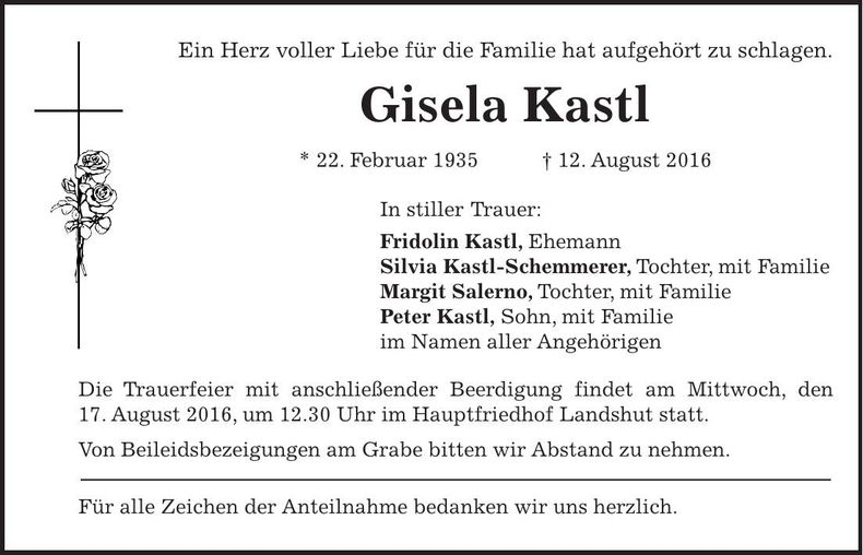 Traueranzeige Gisela Kastl