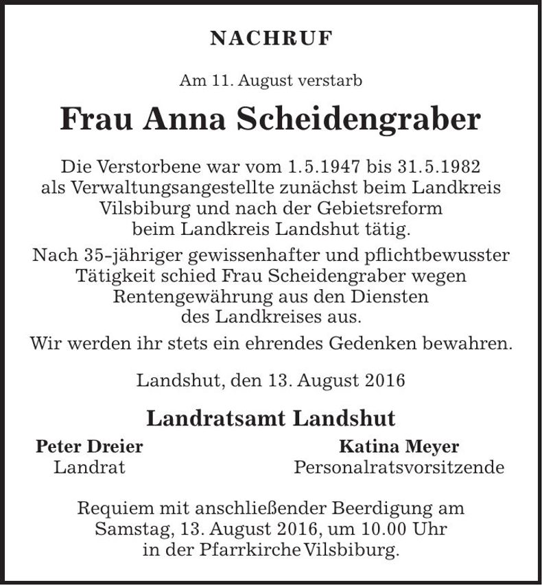 Traueranzeige Anna Scheidengraber