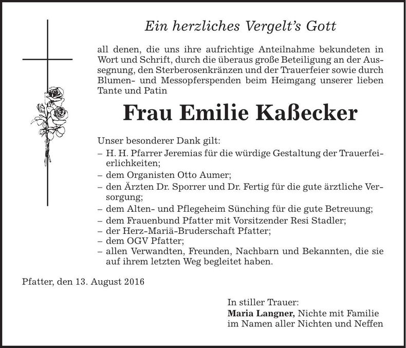 Traueranzeige Emilie Kaßecker