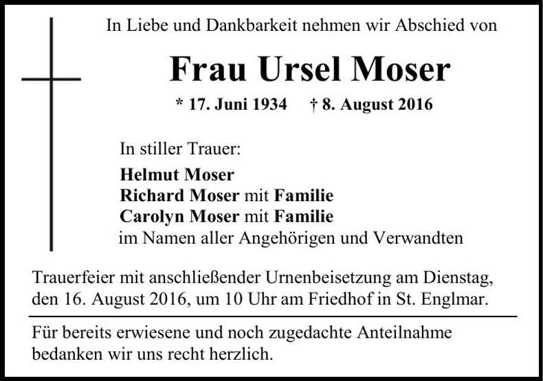 Traueranzeige Ursel Moser